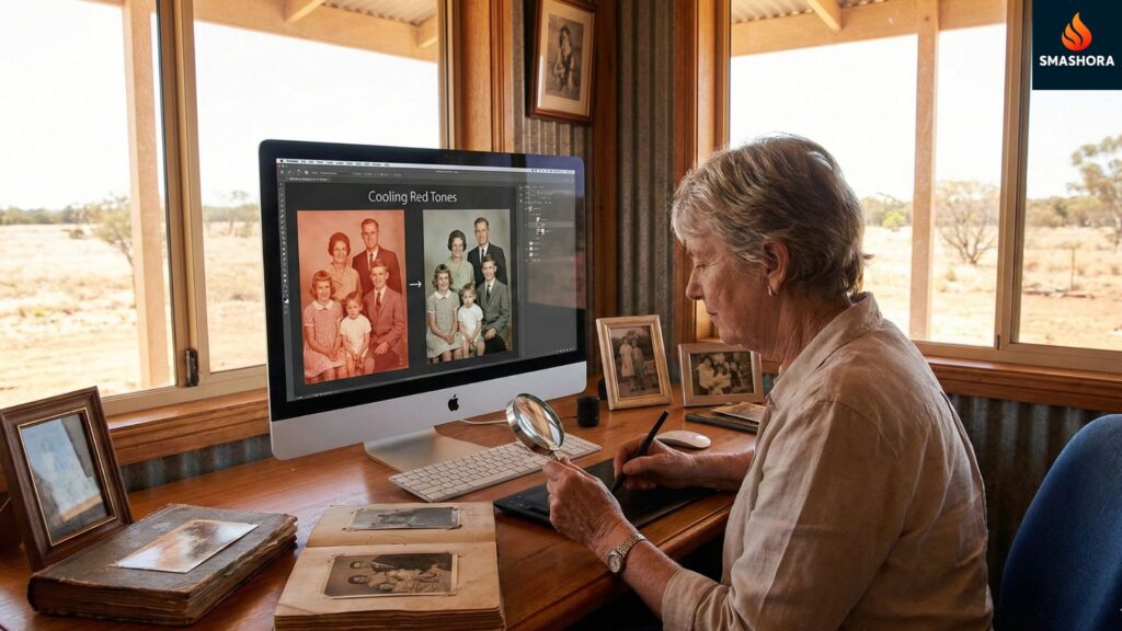 Fix red faded photos: How to cool down the red tones in your old outback family photos. 1 Fix red faded photos