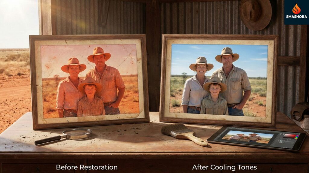 Fix red faded photos: How to cool down the red tones in your old outback family photos. 2 Fix red faded photos